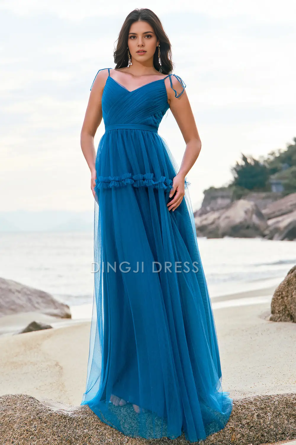 DingJiDress A Line Spaghetti Strap V Neck Pleated Fantastic Party Dress Hot Sale Prom Dress