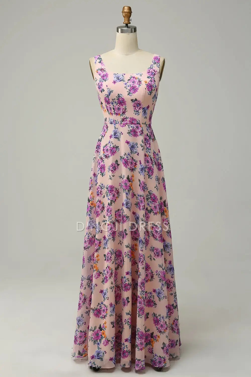 DingJiDress A Line Square Neck Sleeveless Retro Floral Printing With Open Back Party Dress Hot Sale Prom Dress