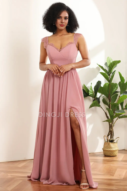 DingJiDress A Line Sweetheart Neckline Lace Shoulder Strap Side Fork Elegant Party Dress Hot Sale Prom Dress