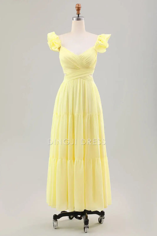 DingJiDress A Line V Neck Ruffled Shoulder Strap Pleated Cute Party Dress Hot Sale Prom Dress