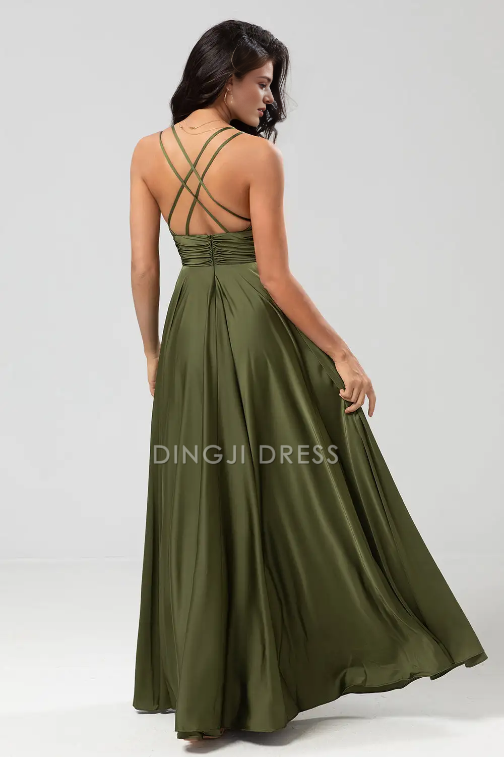 DingJiDress A Line V Neck Spaghetti Straps Backless With Pleated Elegant Party Dress Hot Sale Prom Dress