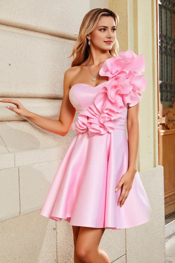 DingJiDress Chic A-Line Sweetheart Neckline Ruffles One Shoulder Elegant New Hot Sale Homecoming Dress
