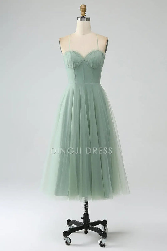 DingJiDress Exquisite A-Line Sweetheart Neckline Spaghetti Straps Backless Tea-Length Corset Tulle Party Dress Hot Sale Prom Dress