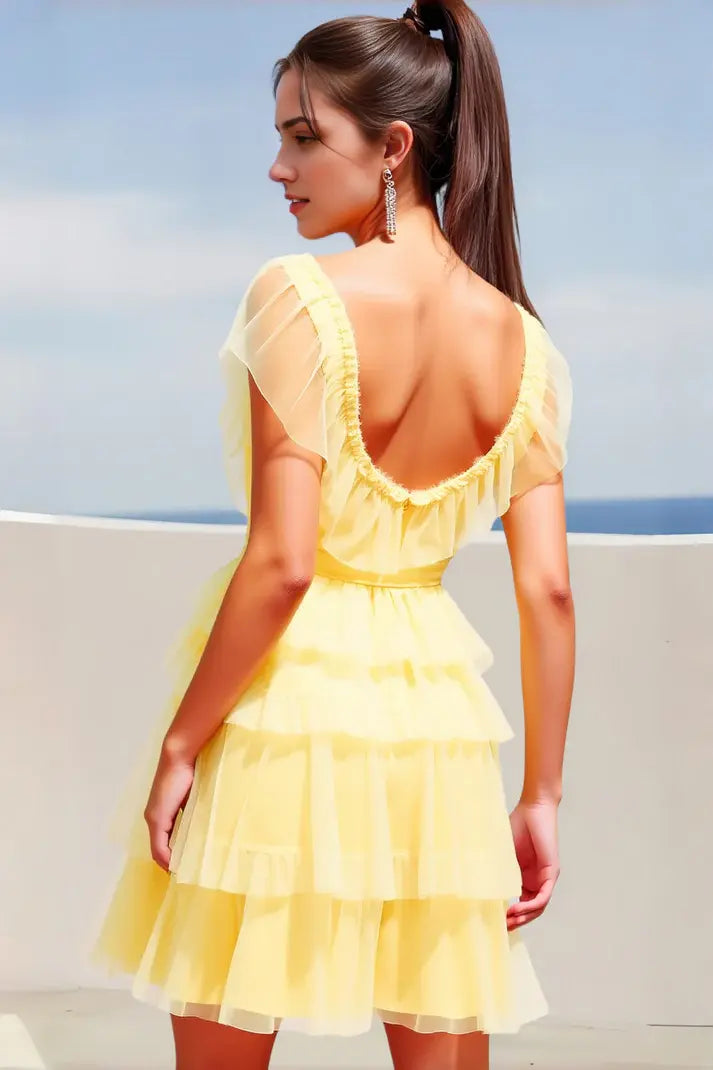 DingJiDress Exquisite A-Line V Neck Flutter Sleeves Tiered Ruched Backless Cute New Hot Sale Homecoming Dress