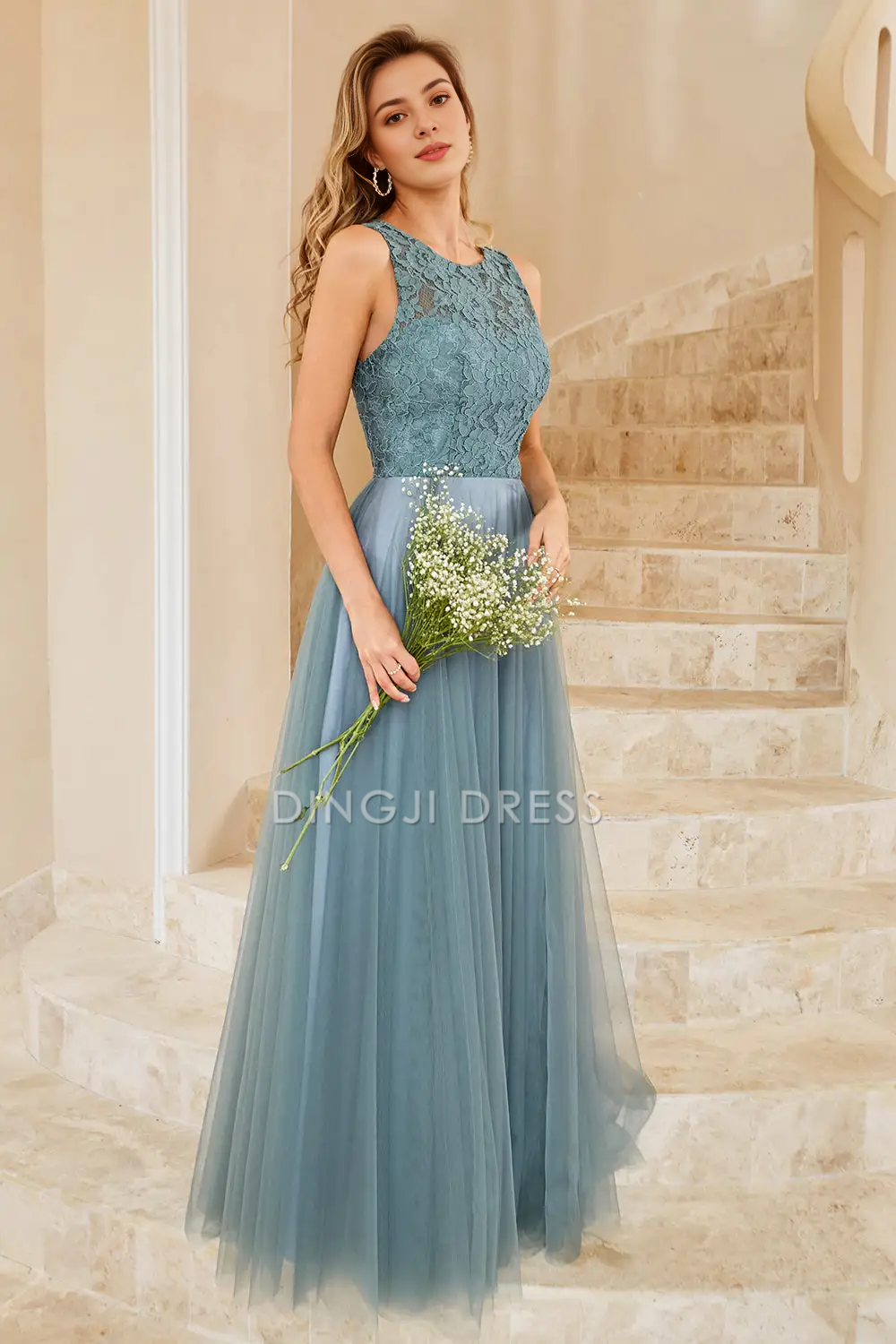 DingJiDress Fantastic A Line Round Neck Sleeveless Lace Tops Elegant Party Dress Hot Sale Prom Dress