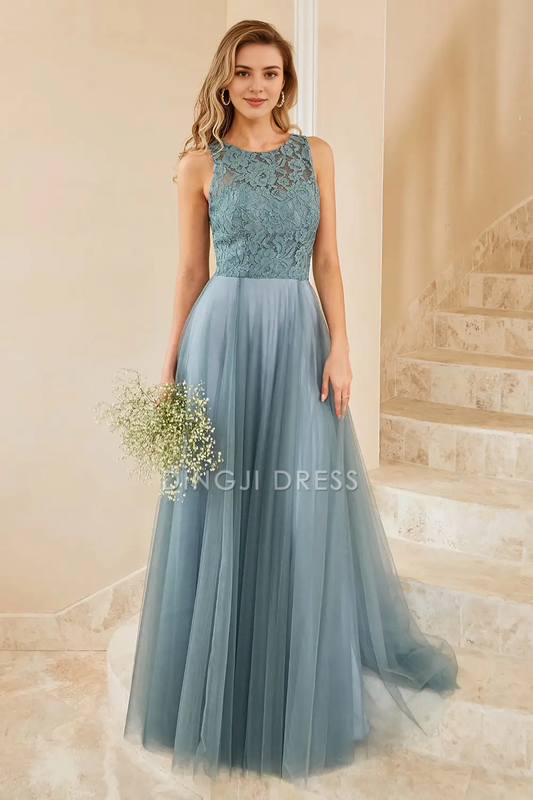 DingJiDress Fantastic A Line Round Neck Sleeveless Lace Tops Elegant Party Dress Hot Sale Prom Dress