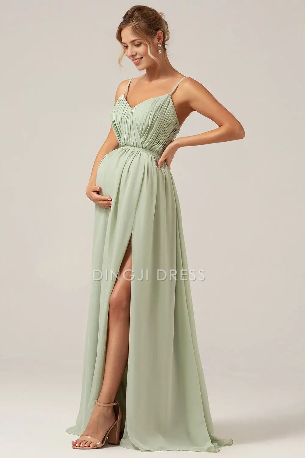 DingJiDress Fashion A Line V Neck Spaghetti Straps Pleated Backless Pregnant Mother Elegant Party Dress Hot Sale Prom Dress