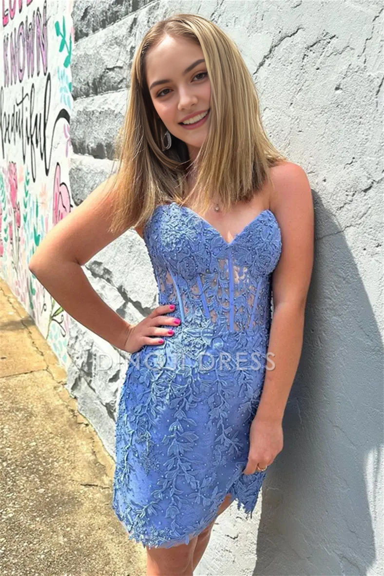 DingJiDress Fashion Sheath Strapless Sweetheart Neckline Lace Applique Exquisite Hot Sale Homecoming Dress