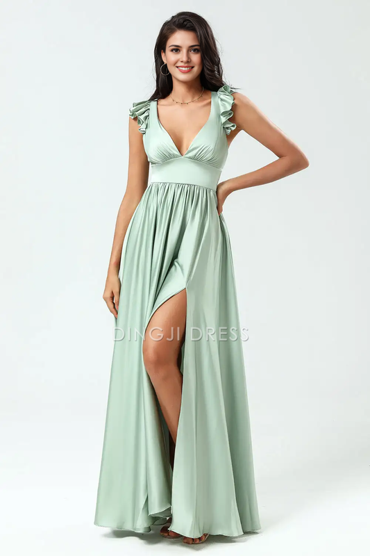 DingJiDress Formal Wear Dresses Exquisite A Line Deep V Neck Flounce Shoulder Strap Pleated Backless Cute Party Dress Hot Sale Prom Dress