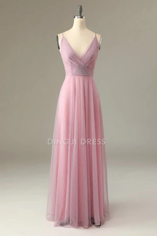 DingJiDress Gorgeous A Line Spaghetti Straps Deep V Neck Backless Sparkle Party Dress Hot Sale Prom Dress