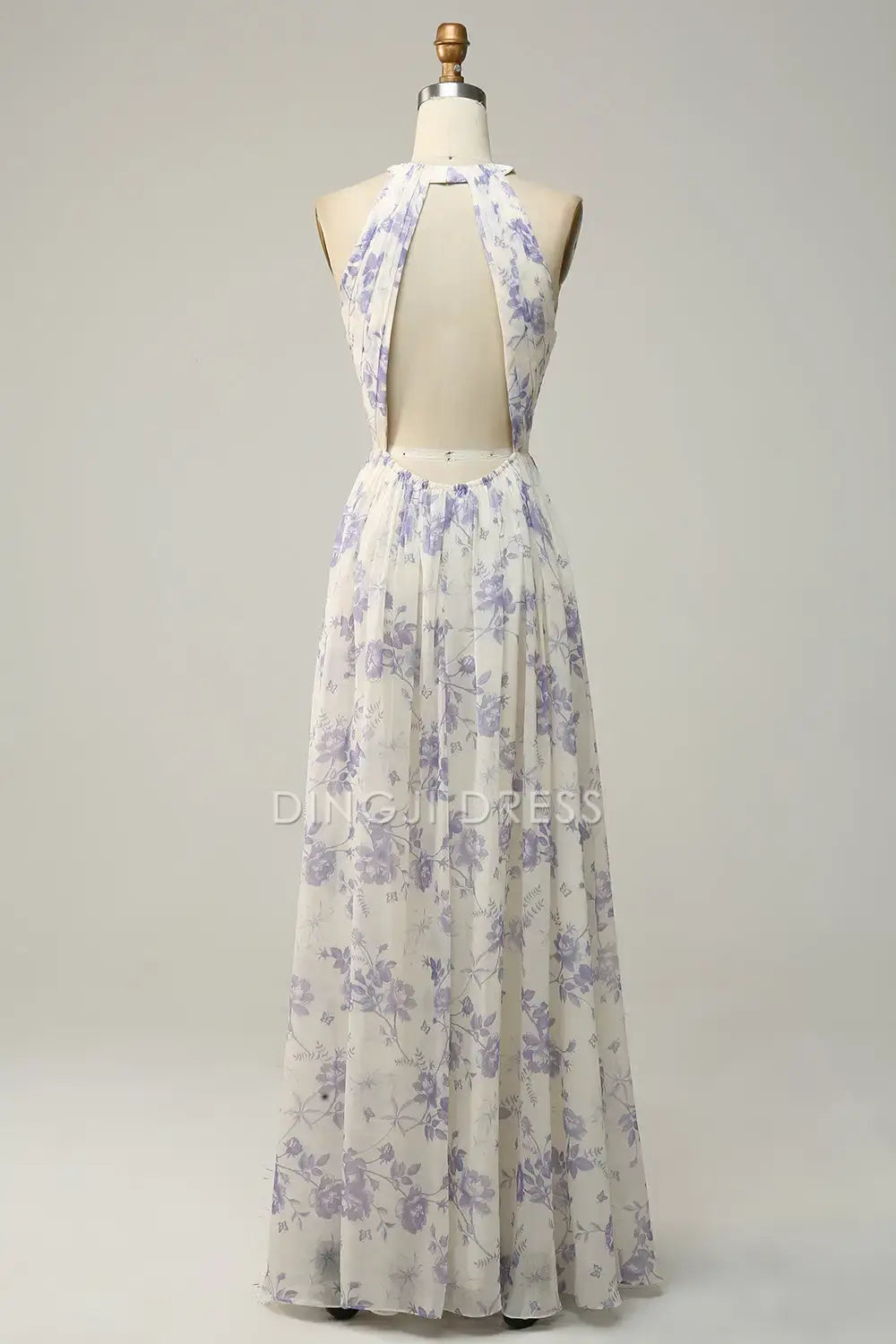 DingJiDress Elegant A Line Halter Sleeveless Pleated Backless Retro Floral Printing Party Dress Hot Sale Prom Dress