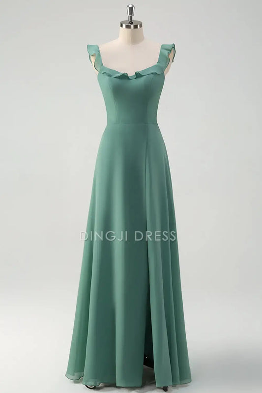 DingJiDress Hot Sale Prom Dress A-Line Flounce Shoulder Strap Backless With Slit Elegant Formal Dresses