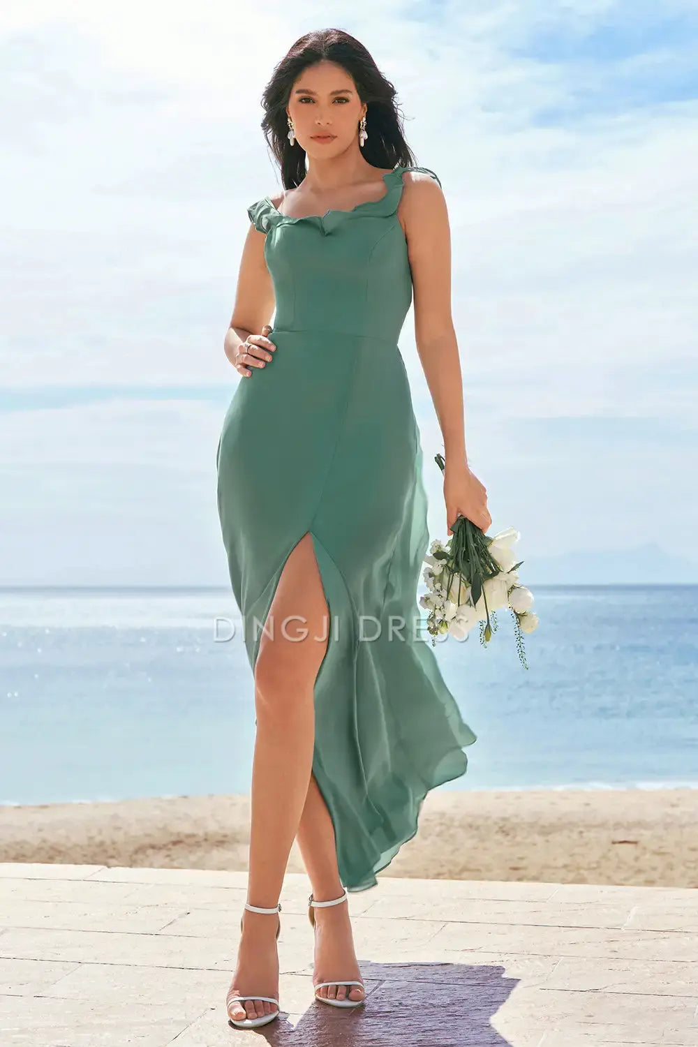 DingJiDress Hot Sale Prom Dress A-Line Flounce Shoulder Strap Backless With Slit Elegant Formal Dresses