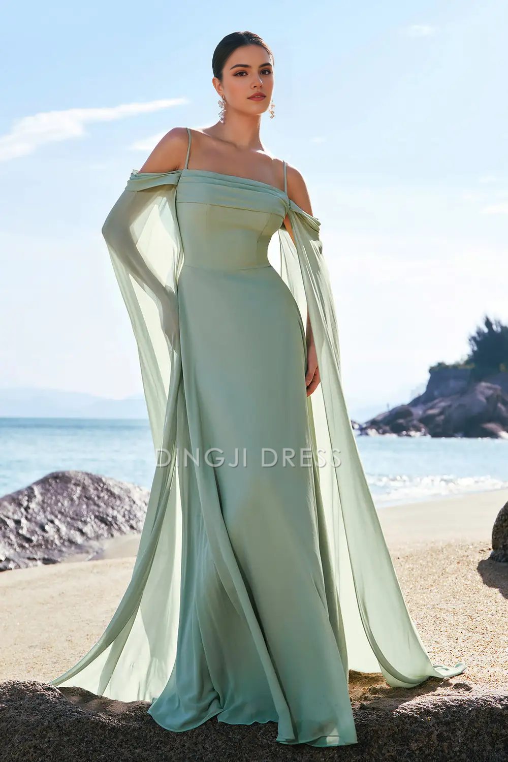 DingJiDress Hot Sale Prom Dress A-Line Spaghetti Strap Cold Shoulder Flutter Sleeves Fantastic Long Formal Dresses