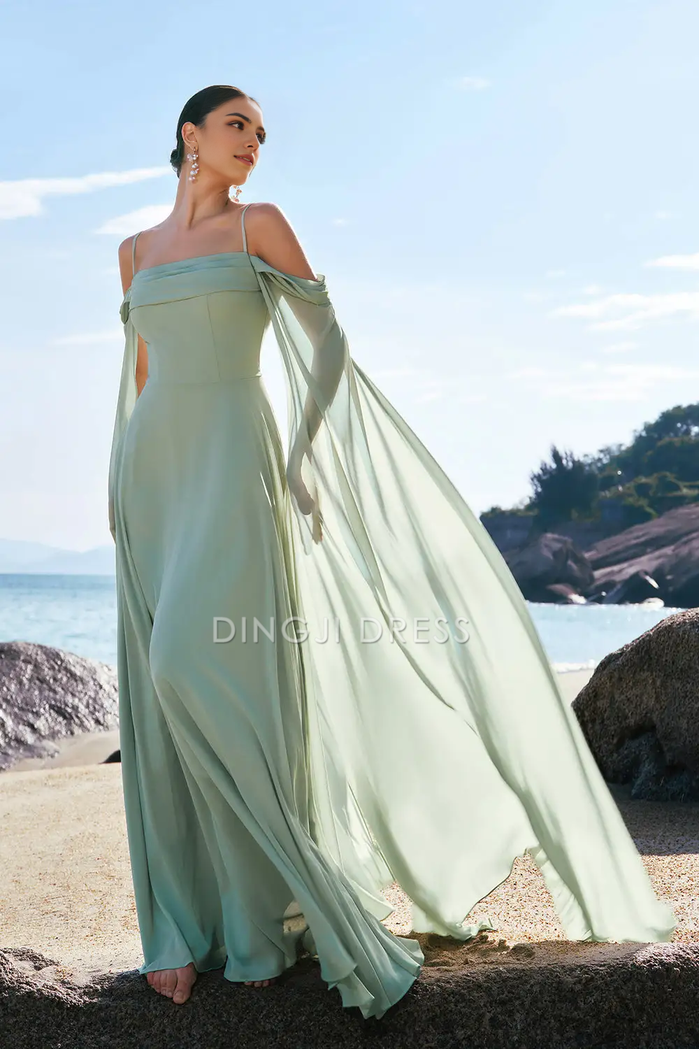 DingJiDress Hot Sale Prom Dress A-Line Spaghetti Strap Cold Shoulder Flutter Sleeves Fantastic Long Formal Dresses