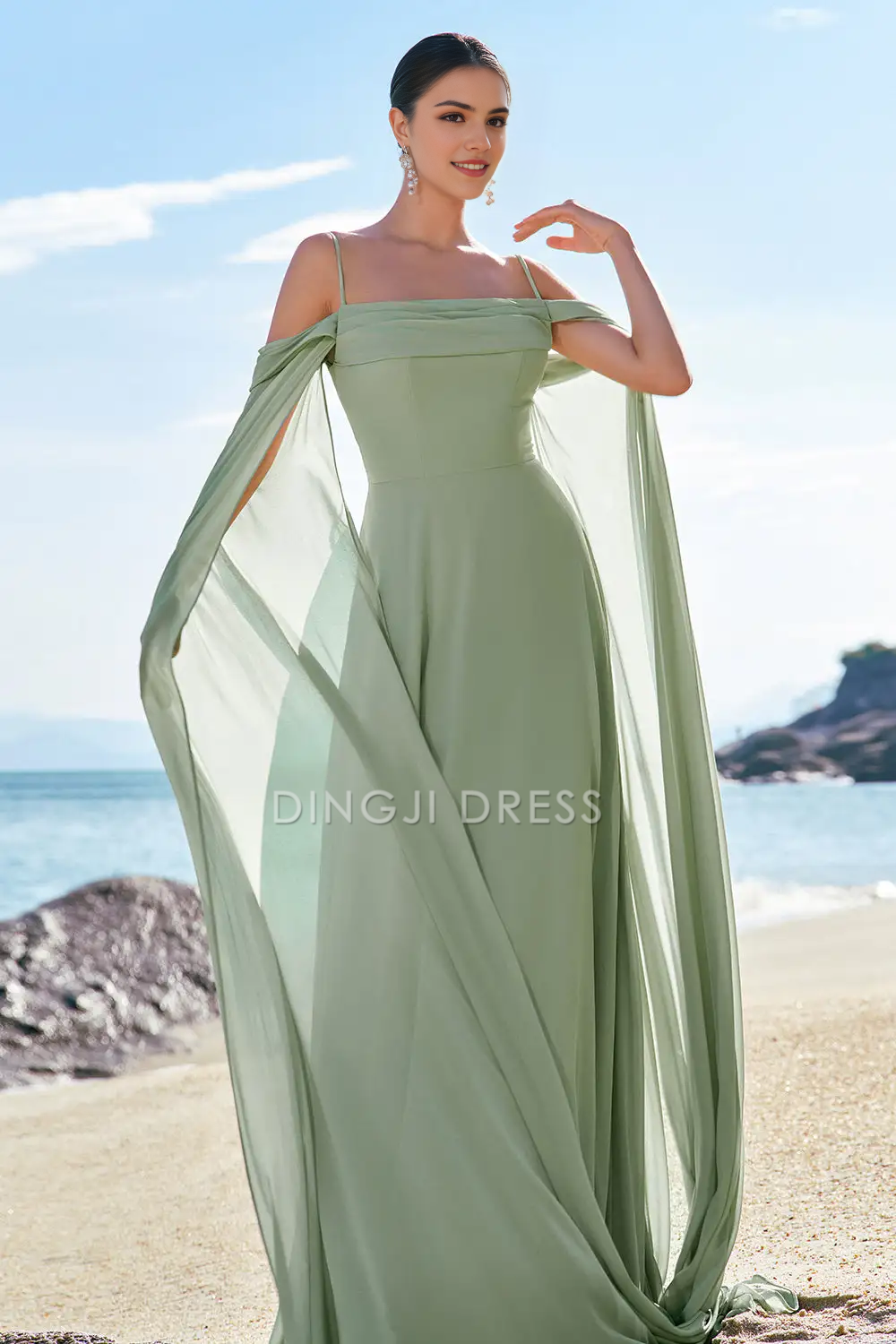 DingJiDress Hot Sale Prom Dress A-Line Spaghetti Strap Cold Shoulder Flutter Sleeves Fantastic Long Formal Dresses