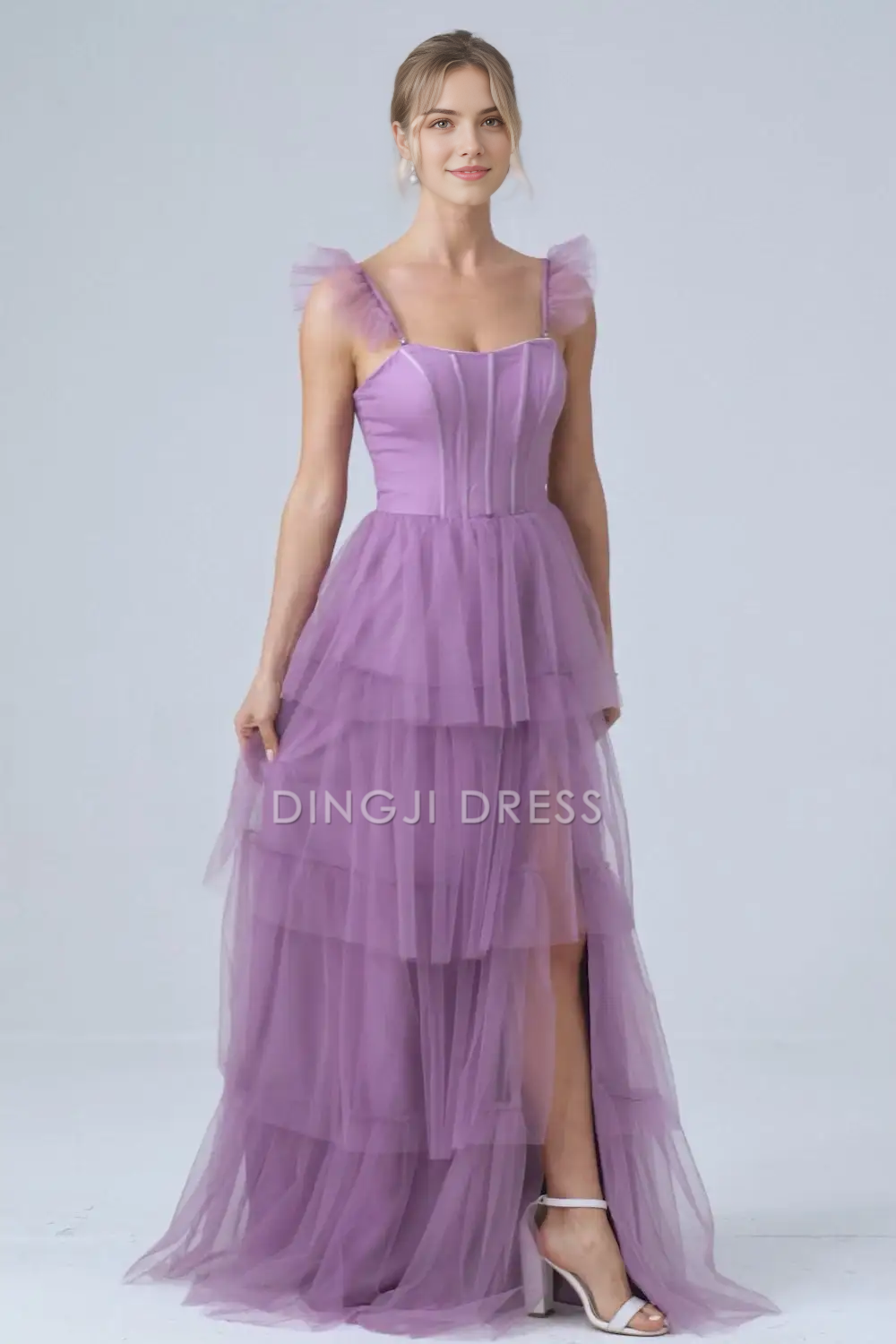 DingJiDress Hot Sale Prom Dress A-Line Spaghetti Strap Sweetheart Backless Tiered Ruched With Fork Exquisite Long Formal Dresses