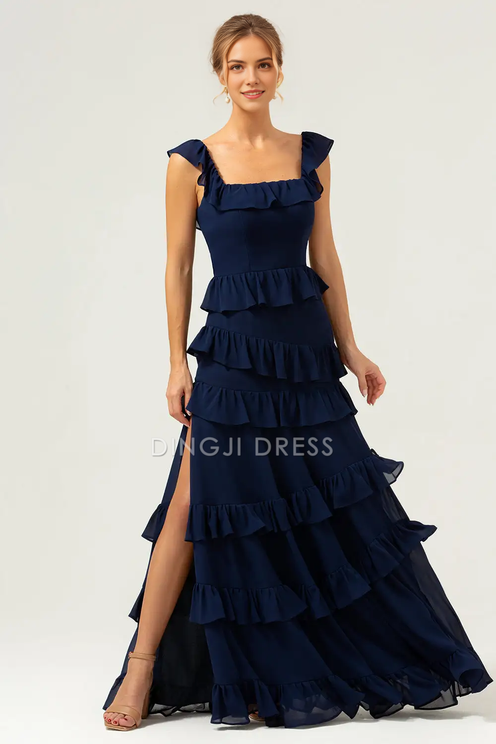 DingJiDress Hot Sale Prom Dress A-Line Square Neck Sleeveless Tiers Ruffleed With Slit Long Formal Dresses