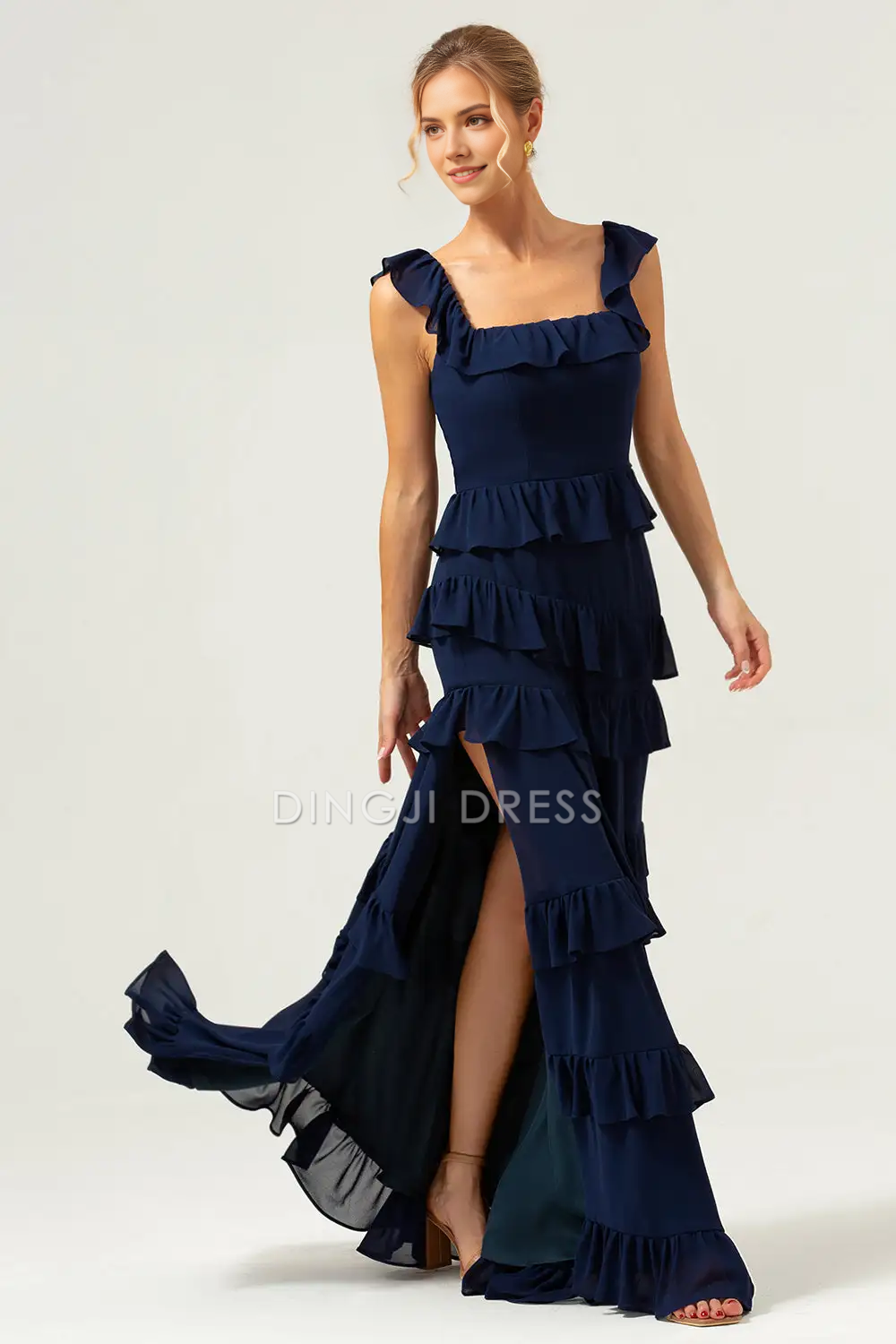 DingJiDress Hot Sale Prom Dress A-Line Square Neck Sleeveless Tiers Ruffleed With Slit Long Formal Dresses