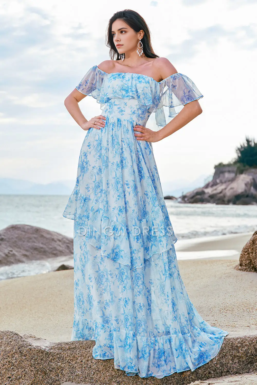 DingJiDress Hot Sale Prom Dress A Line Off The Shoulder Backless Ruffles Printing Boho Exquisite Long Formal Dresses