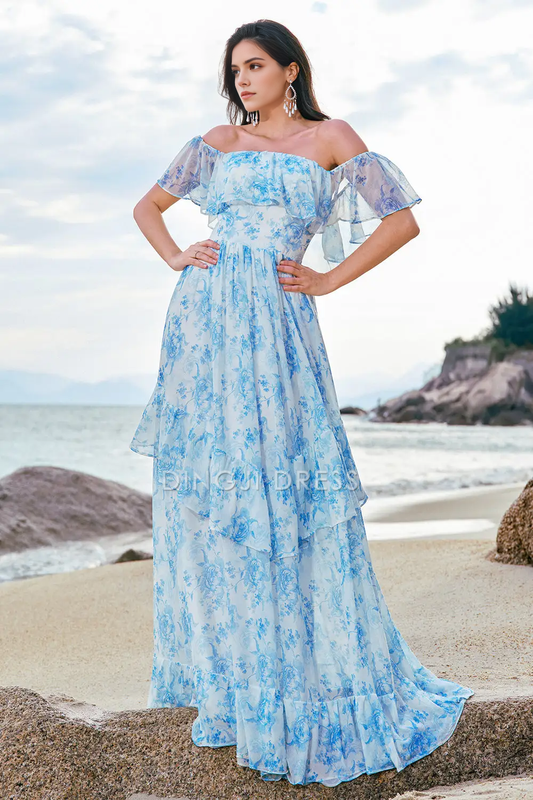 DingJiDress Hot Sale Prom Dress A Line Off The Shoulder Backless Ruffles Printing Boho Exquisite Long Formal Dresses