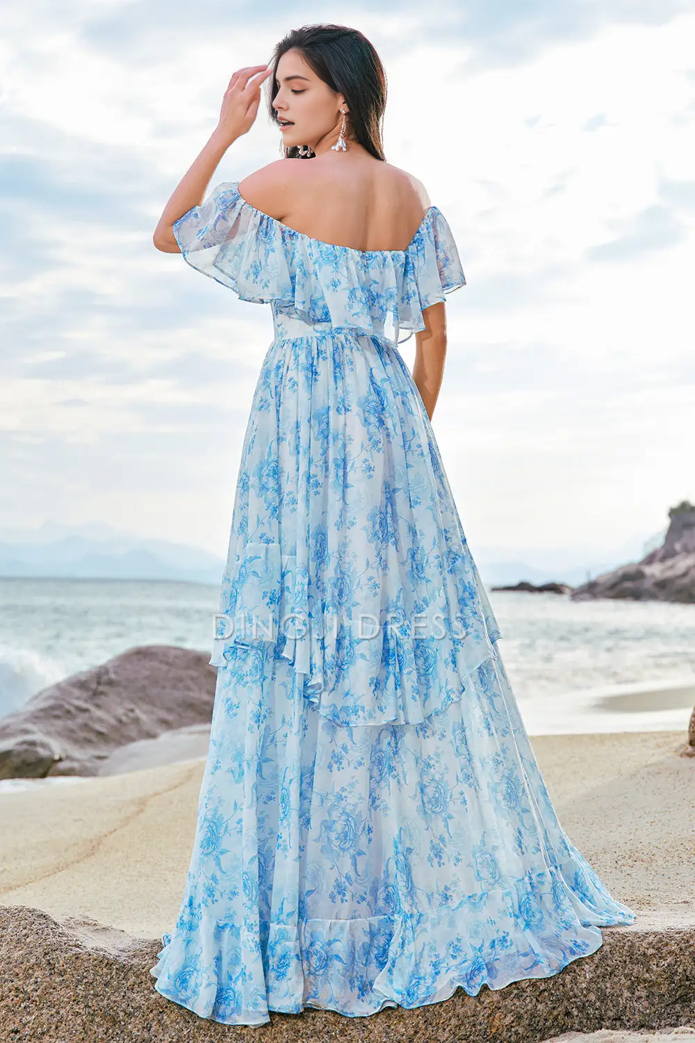 DingJiDress Hot Sale Prom Dress A Line Off The Shoulder Backless Ruffles Printing Boho Exquisite Long Formal Dresses