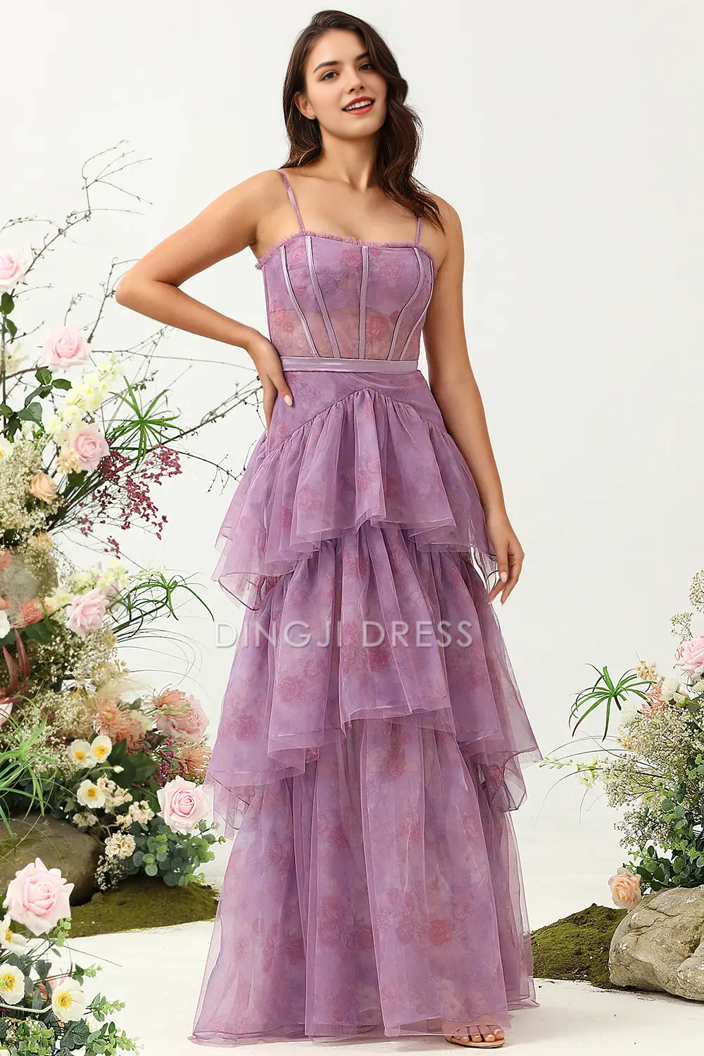 DingJiDress Hot Sale Prom Dress A Line Spaghetti Strap Corset Tiers Ruched Printed Exquisite Retro Long Formal Dresses
