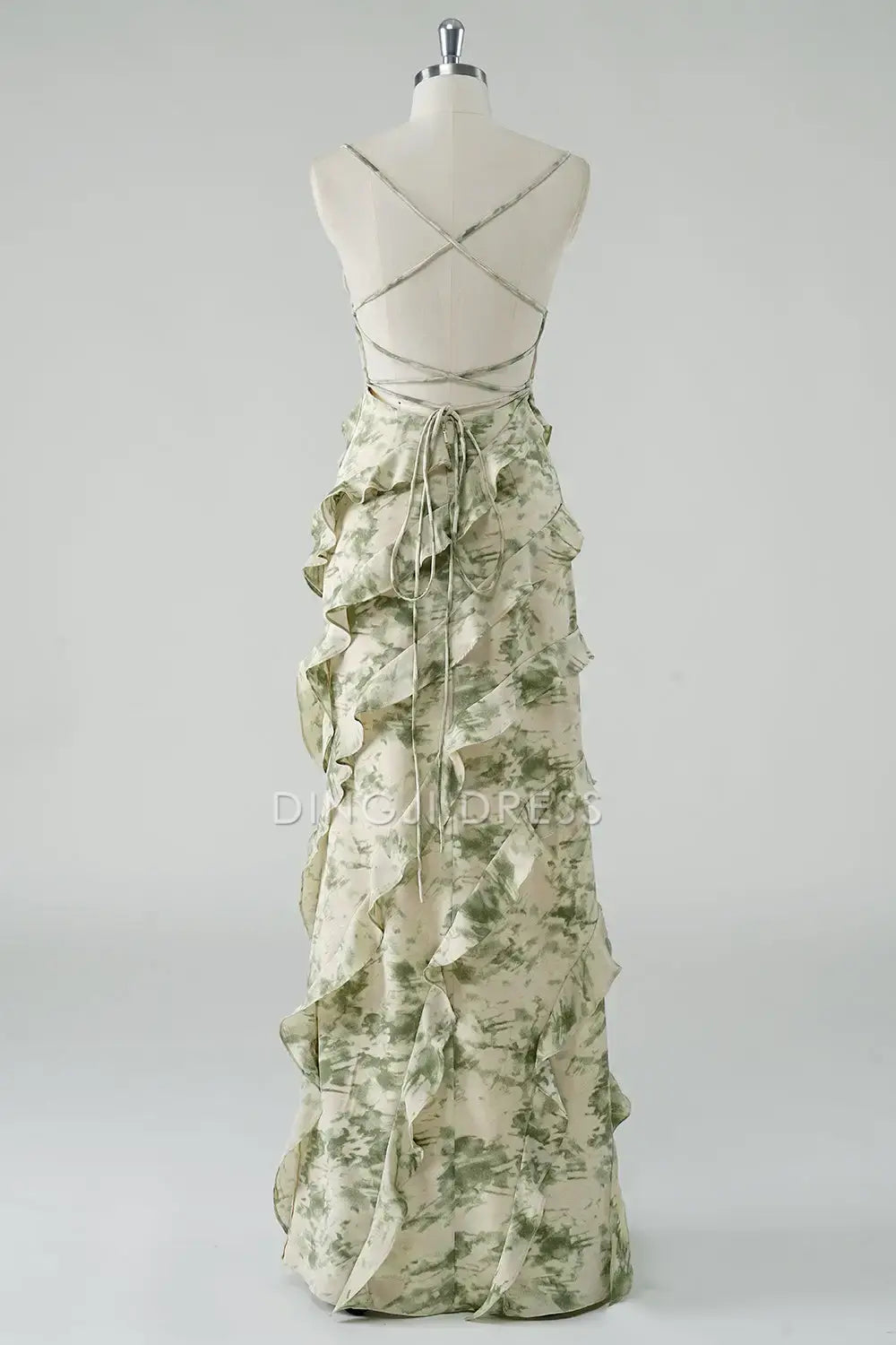 DingJiDress Hot Sale Prom Dress A Line Spaghetti Straps Printing Tiers Ruched Backless Fashion Long Formal Dresses