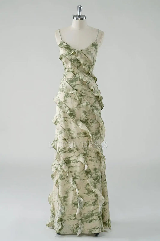 DingJiDress Hot Sale Prom Dress A Line Spaghetti Straps Printing Tiers Ruched Backless Fashion Long Formal Dresses