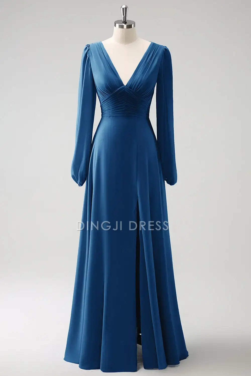 DingJiDress Hot Sale Prom Dress A Line V-Nack Pleated Long Sleeves Side Fork Elegant Long Formal Dresses