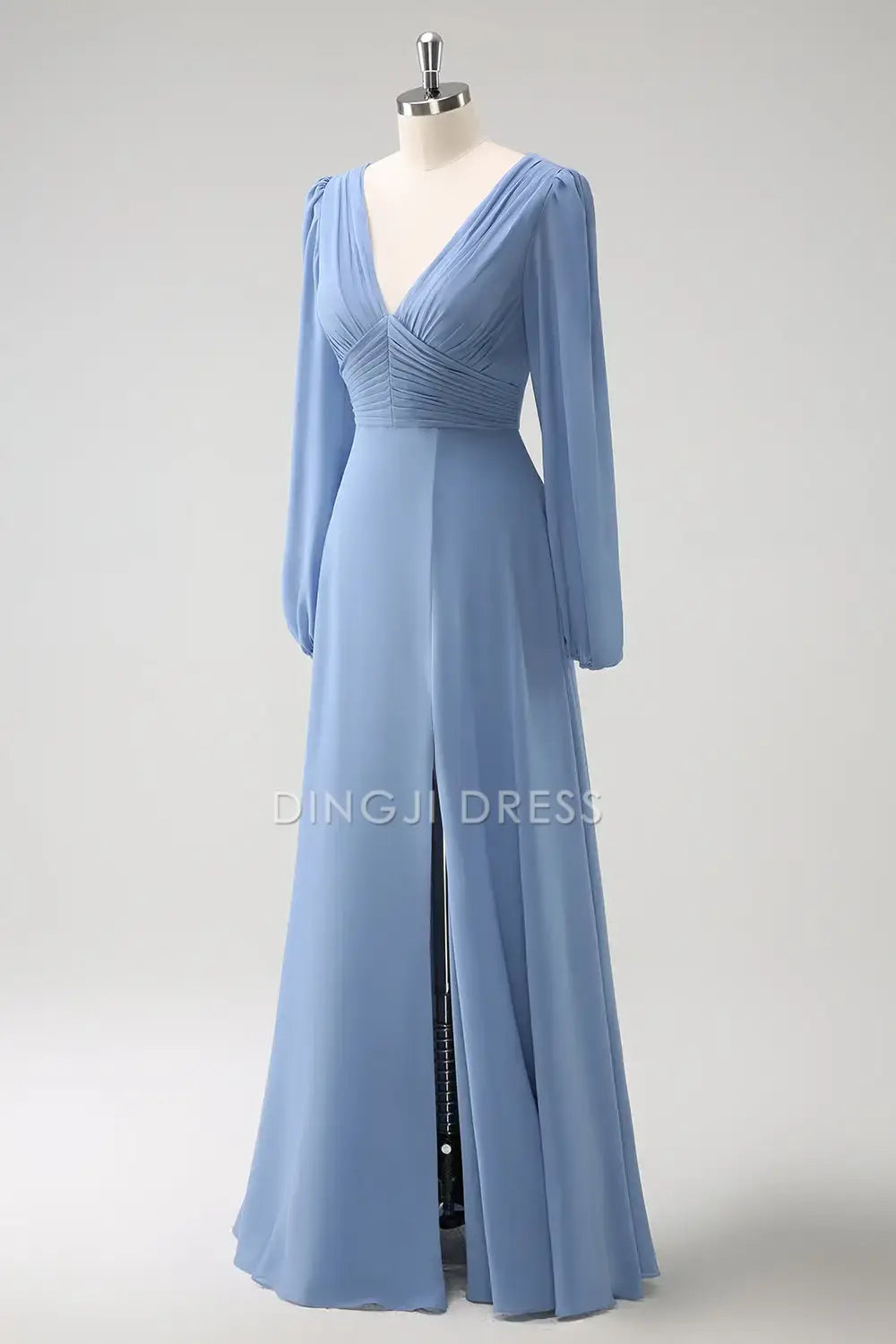 DingJiDress Hot Sale Prom Dress A Line V-Nack Pleated Long Sleeves Side Fork Elegant Long Formal Dresses