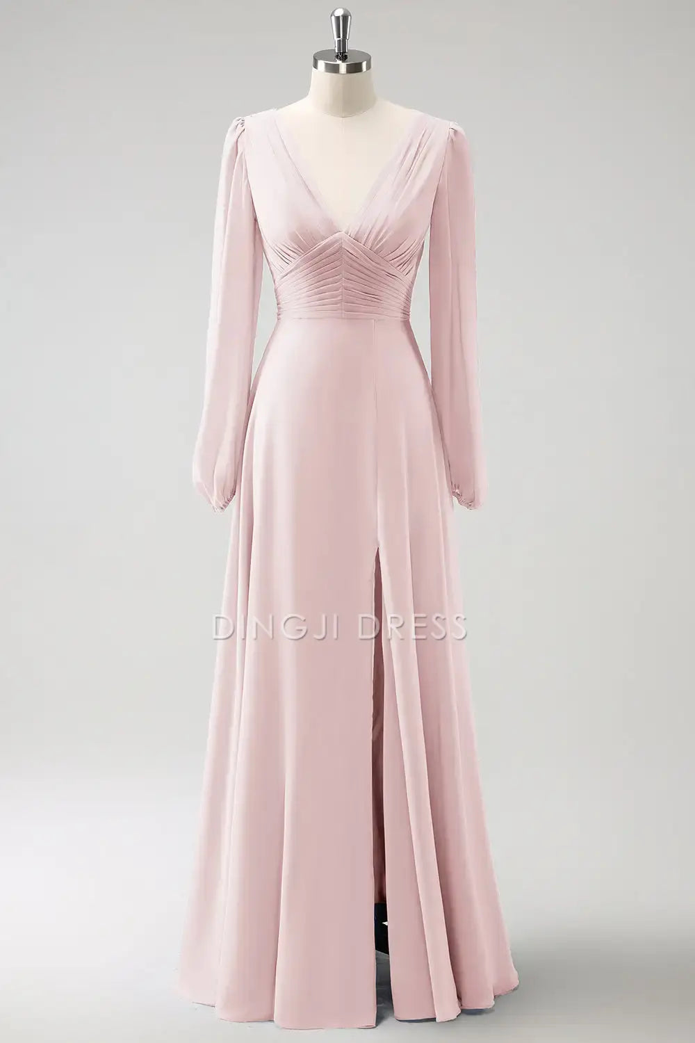 DingJiDress Hot Sale Prom Dress A Line V-Nack Pleated Long Sleeves Side Fork Elegant Long Formal Dresses