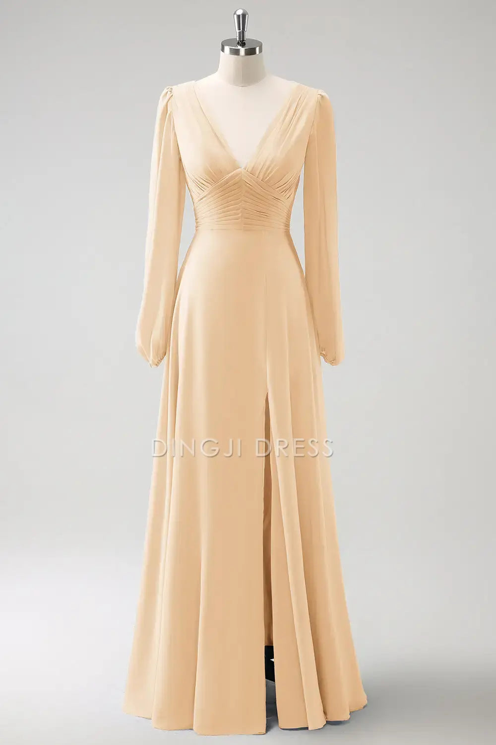 DingJiDress Hot Sale Prom Dress A Line V-Nack Pleated Long Sleeves Side Fork Elegant Long Formal Dresses