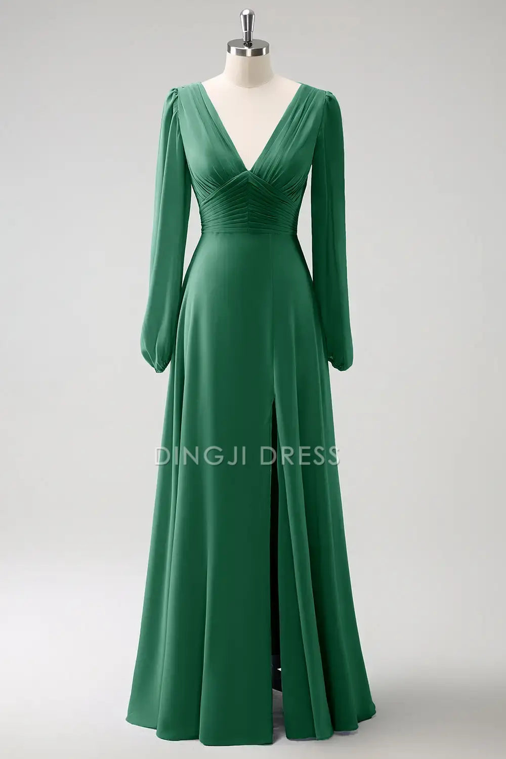 DingJiDress Hot Sale Prom Dress A Line V-Nack Pleated Long Sleeves Side Fork Elegant Long Formal Dresses