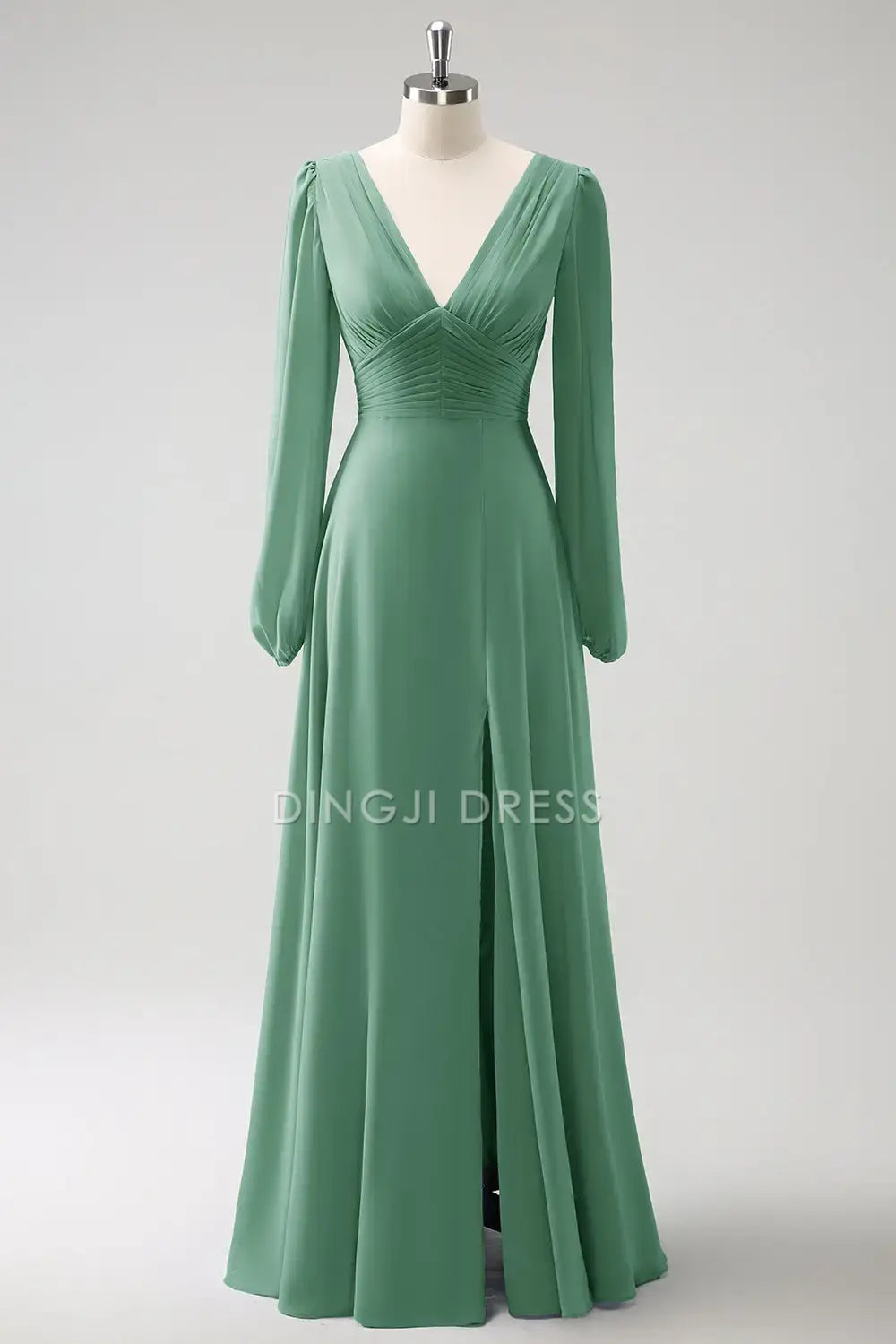 DingJiDress Hot Sale Prom Dress A Line V-Nack Pleated Long Sleeves Side Fork Elegant Long Formal Dresses