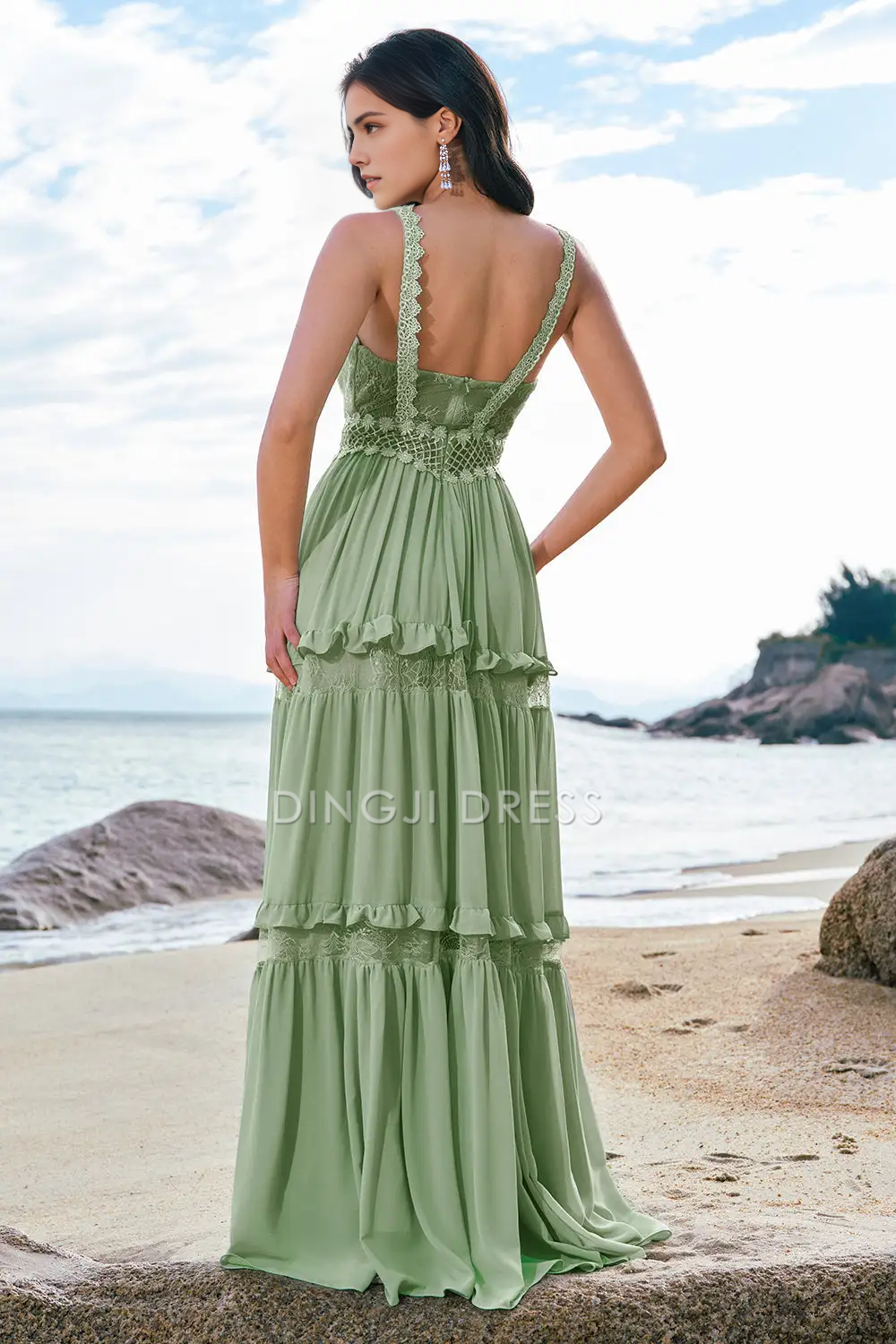 DingJiDress Hot Sale Prom Dress A Line V Neck Ruffled Backless Floral Lace Bohemia Long Formal Dresses