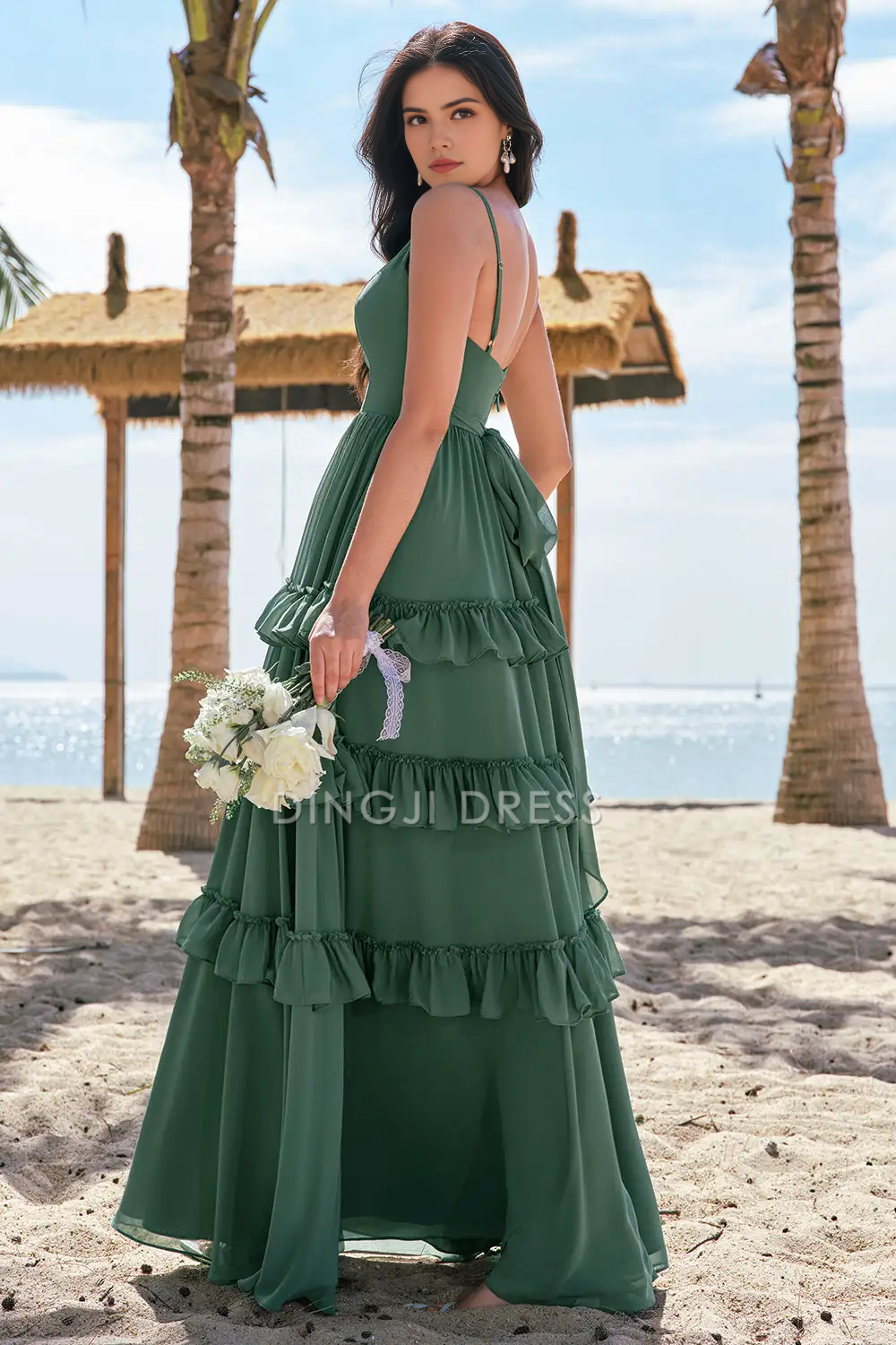 DingJiDress Hot Sale Prom Dress A Line V Neck Spaghetti Straps Backless Layering Ruffles Exquisite Long Formal Dresses