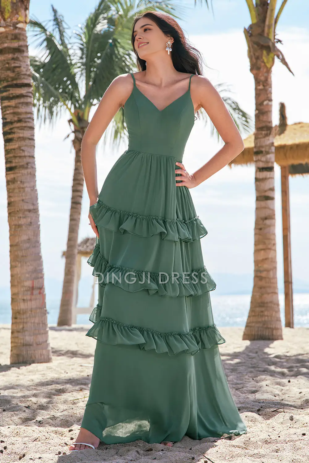 DingJiDress Hot Sale Prom Dress A Line V Neck Spaghetti Straps Backless Layering Ruffles Exquisite Long Formal Dresses