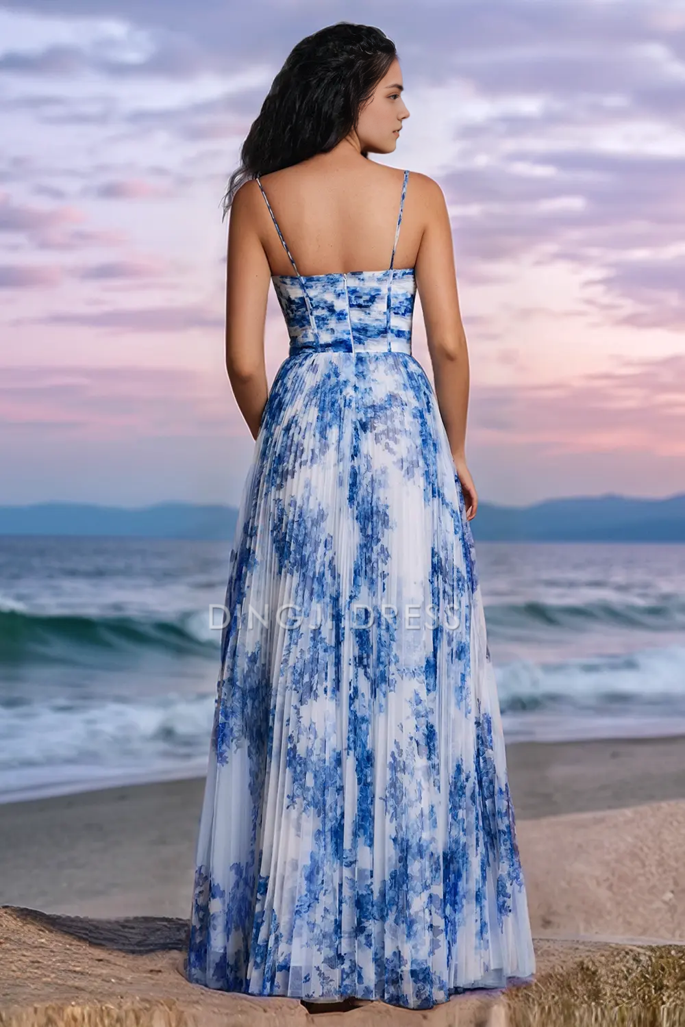 DingJiDress Hot Sale Prom Dress A Line V Neck Spaghetti Straps Printing Pleated Exquisite Long Formal Dresses