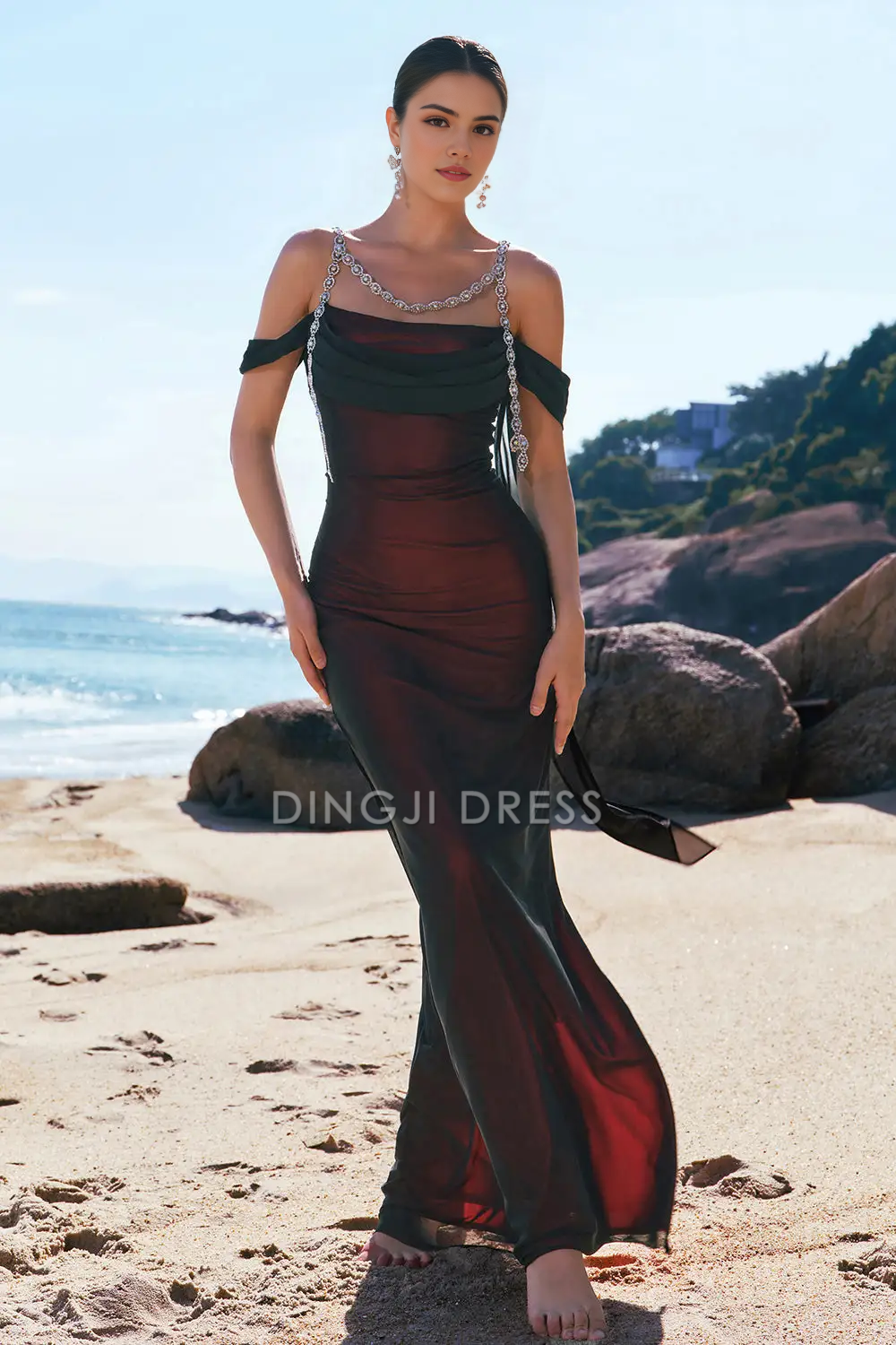 DingJiDress Hot Sale Prom Dress Exquisite Mermaid Cold Shoulder Pleated Beadwork Sparkly Long Formal Dresses