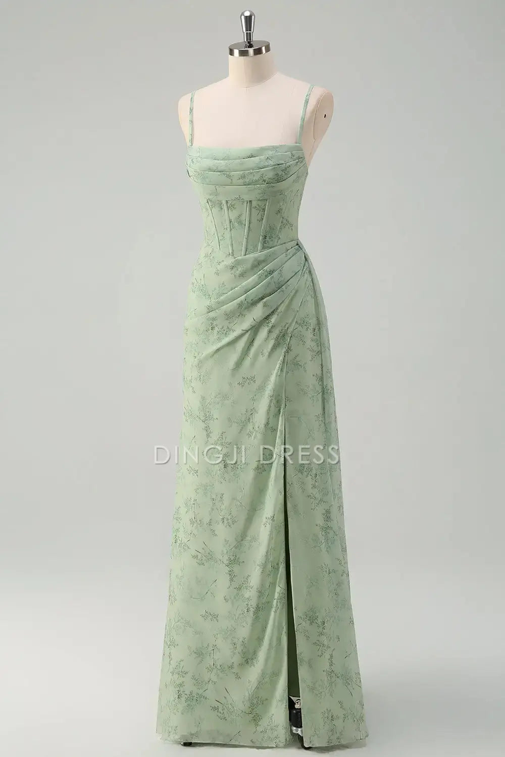DingJiDress Hot Sale Prom Dress Sheath Corset Spaghetti Strap Pleated Floral Print With Slit Elegant Long Formal Dresses