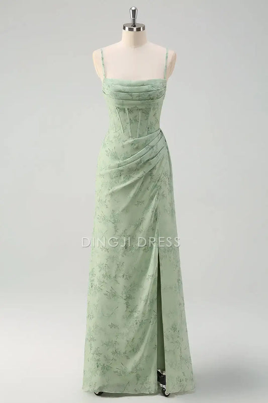 DingJiDress Hot Sale Prom Dress Sheath Corset Spaghetti Strap Pleated Floral Print With Slit Elegant Long Formal Dresses