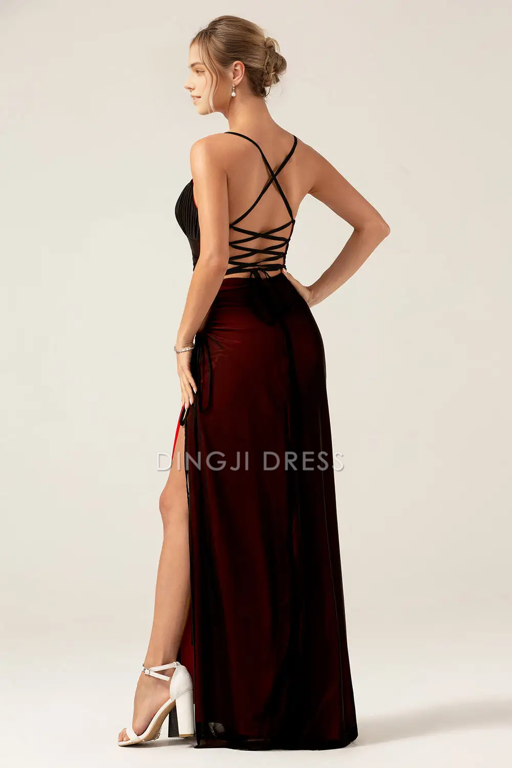 DingJiDress Hot Sale Prom Dress Charming Sheath Spaghetti Straps Pleated Backless Side Fork Floor Length Sexy Formal Dresses