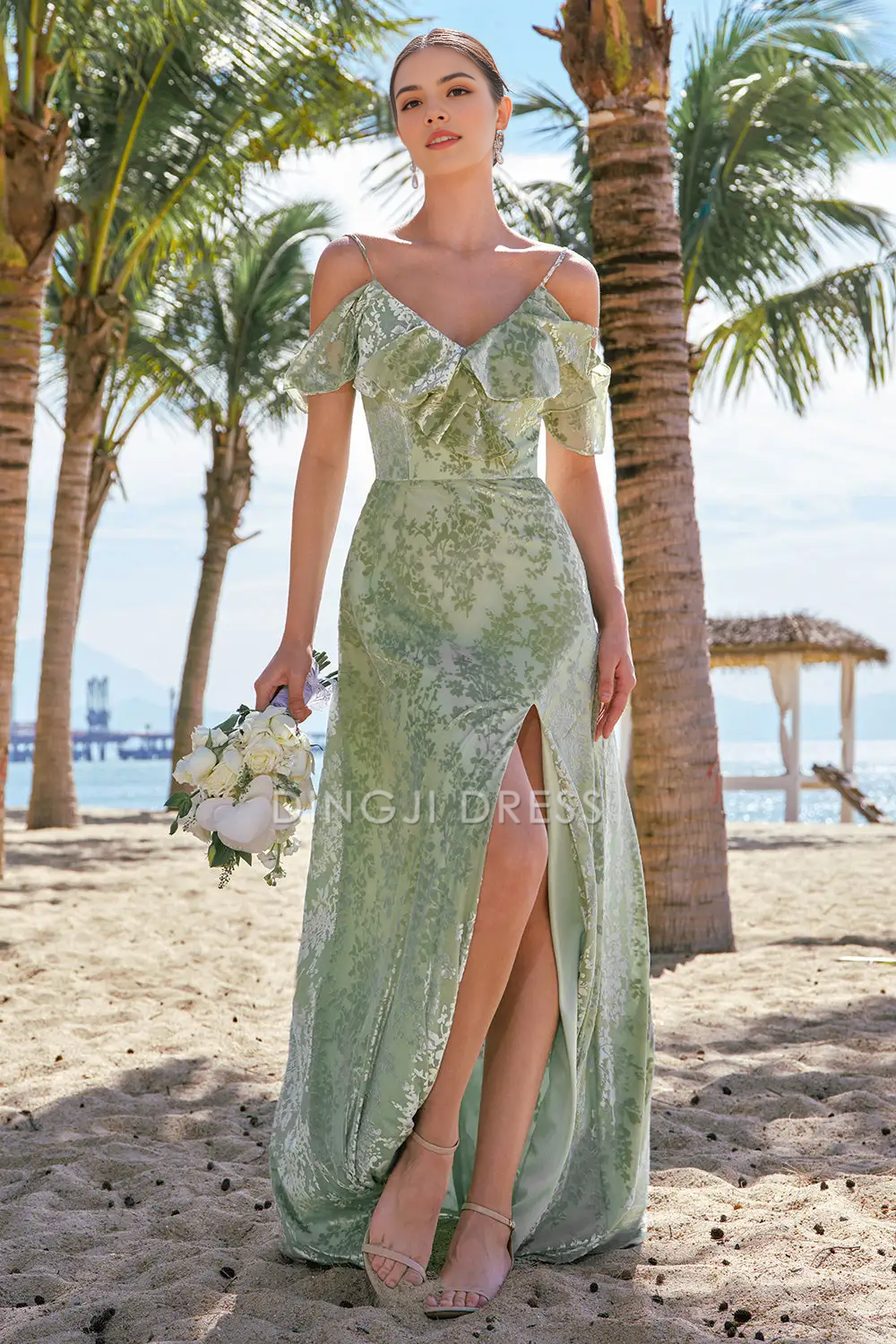 DingJiDress Hot Sale Prom Dress Sheath V Neck Spaghetti Strap Ruched Cold Shoulder Floral Side Fork Retro Long Formal Dresses