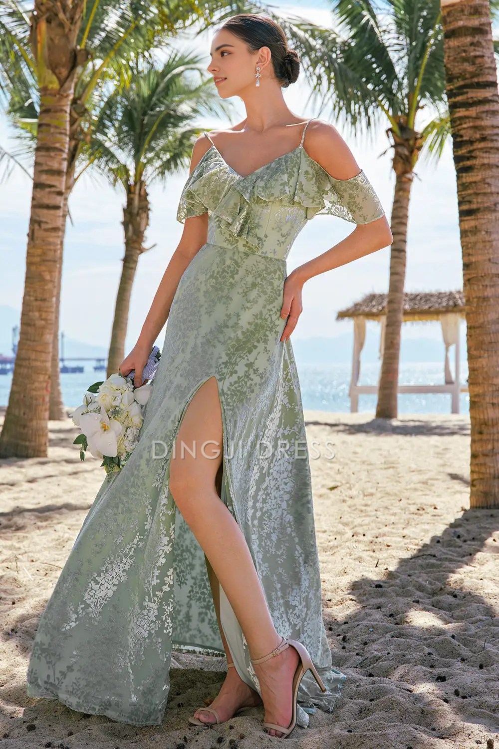 DingJiDress Hot Sale Prom Dress Sheath V Neck Spaghetti Strap Ruched Cold Shoulder Floral Side Fork Retro Long Formal Dresses