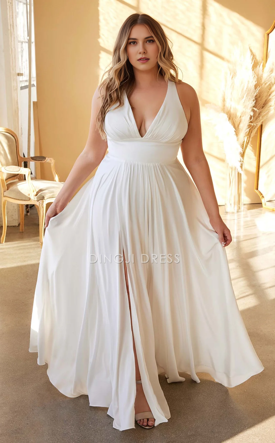DingJiDress Hot Sale Wedding Dress A Line Deep V Neck Sleeveless Ruched Side Fork Backless Elegant Fashion Formal Wear Dresses