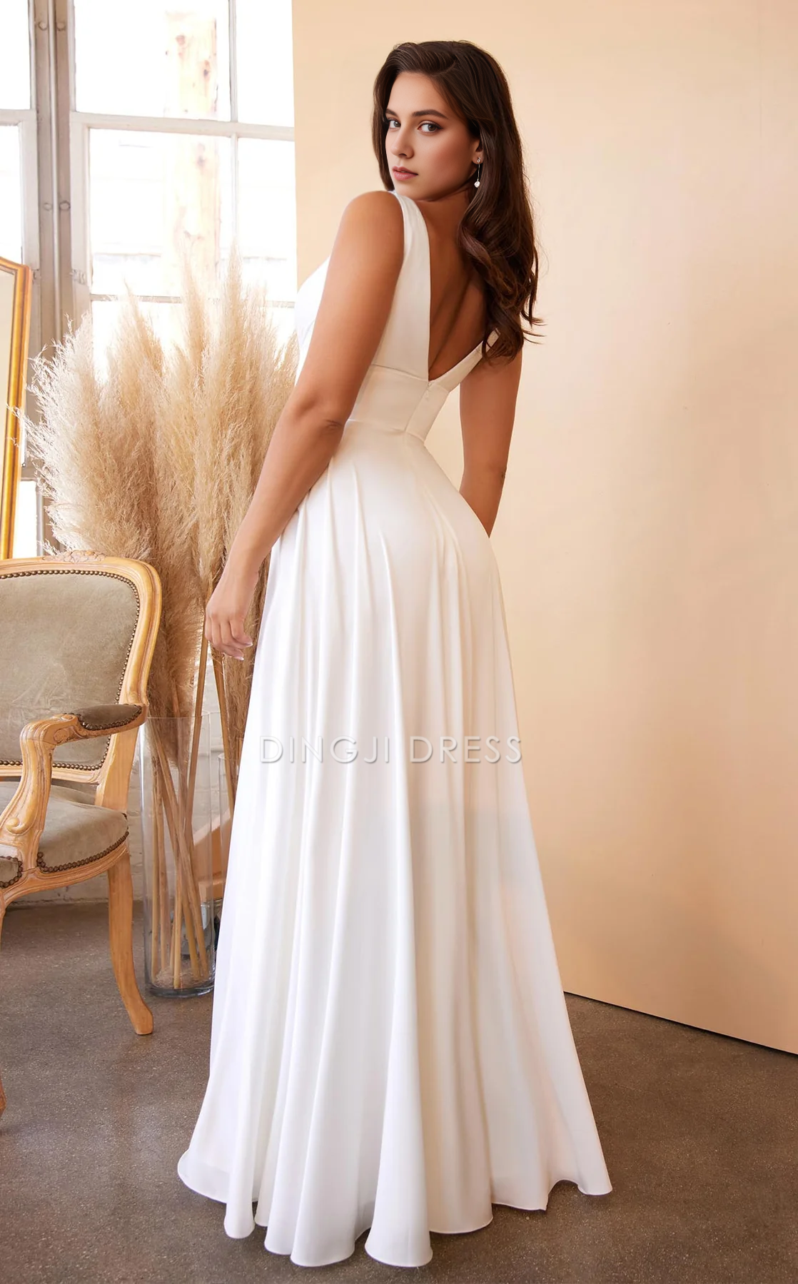 DingJiDress Hot Sale Wedding Dress A Line Deep V Neck Sleeveless Ruched Side Fork Backless Elegant Fashion Formal Wear Dresses