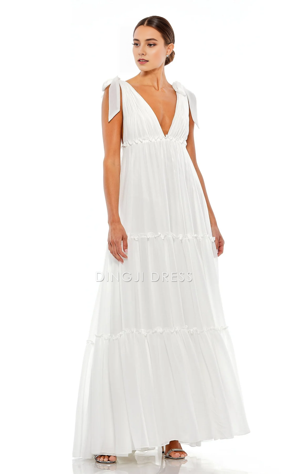 DingJiDress Hot Sale Wedding Dress Bodacious V-neckline Ruched Backless Floor-length Dress Elegant Formal Wear Dresses