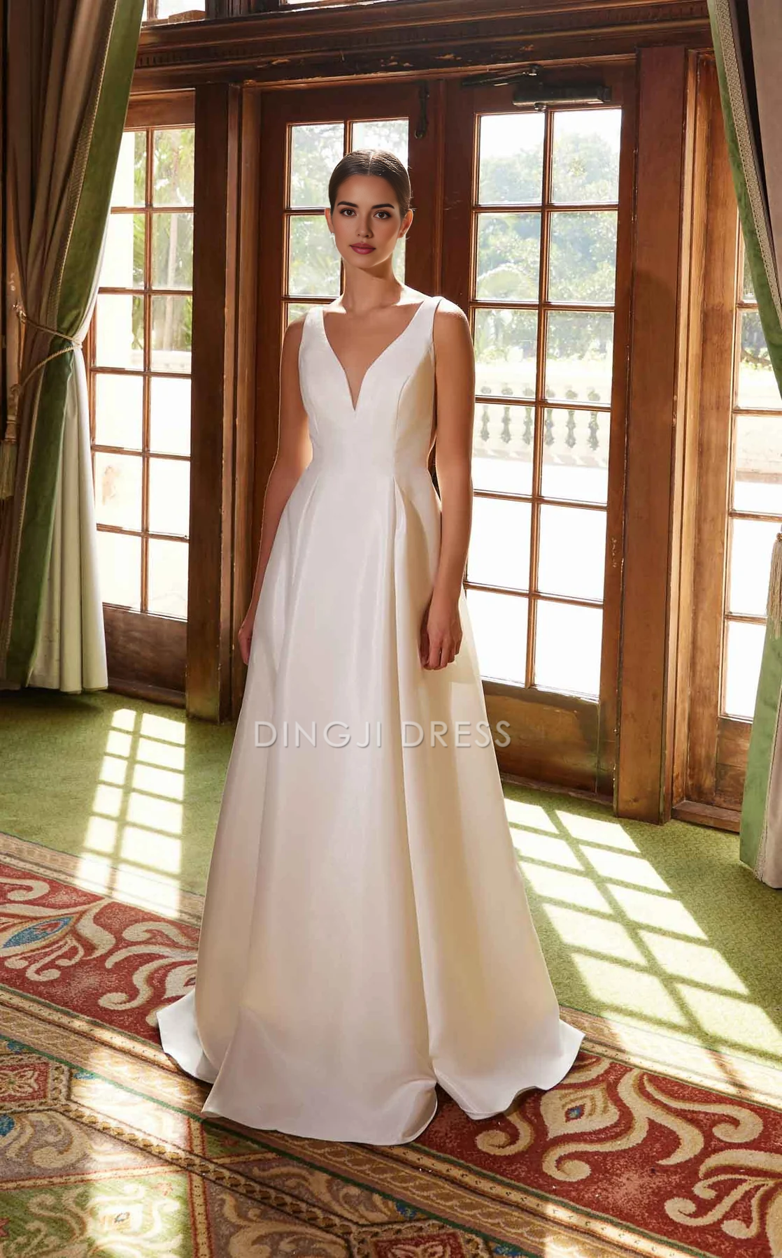 DingJiDress Hot Sale Wedding Dress Elegant A Line Deep V Neck Sleeveless Backless Ruched Simple Formal Wear Dresses