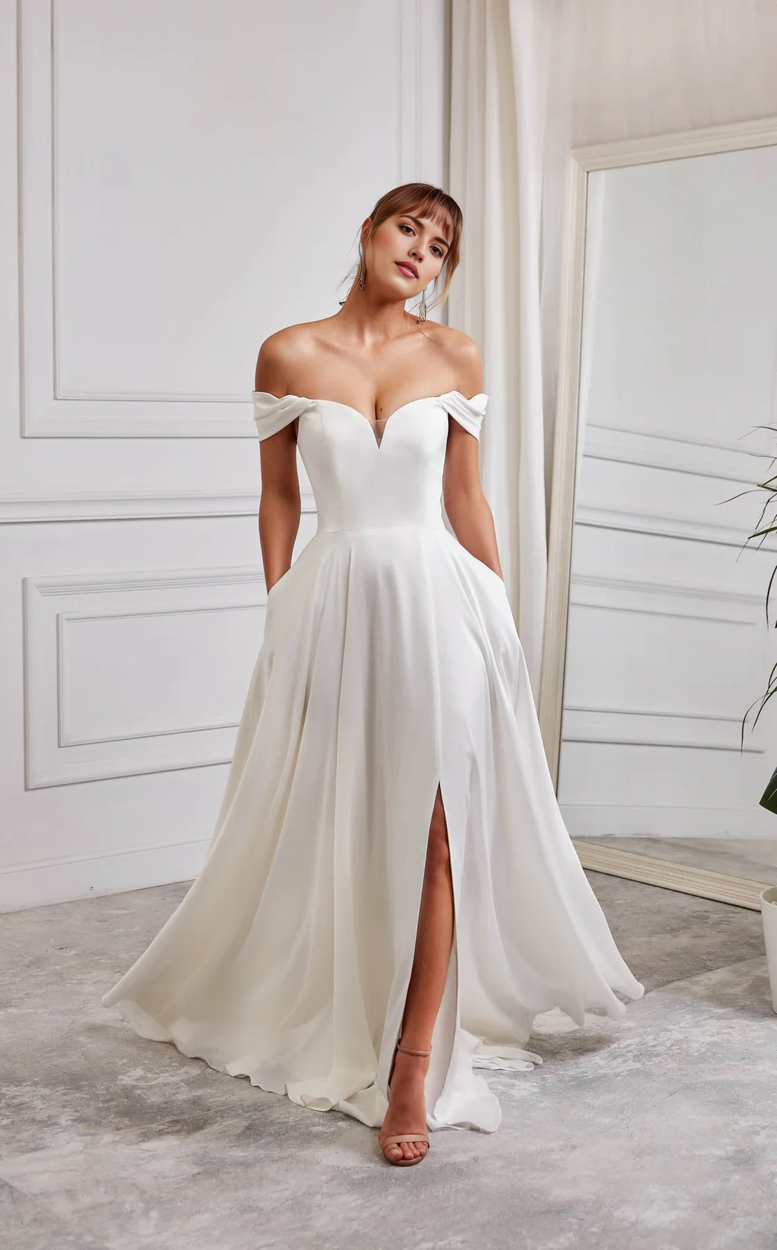 DingJiDress Hot Sale Wedding Dress Elegant A Line Off-shoulder Sweetheart Mesh Neckline Side Fork Plunging Fit-and-Flare Formal Wear Dresses